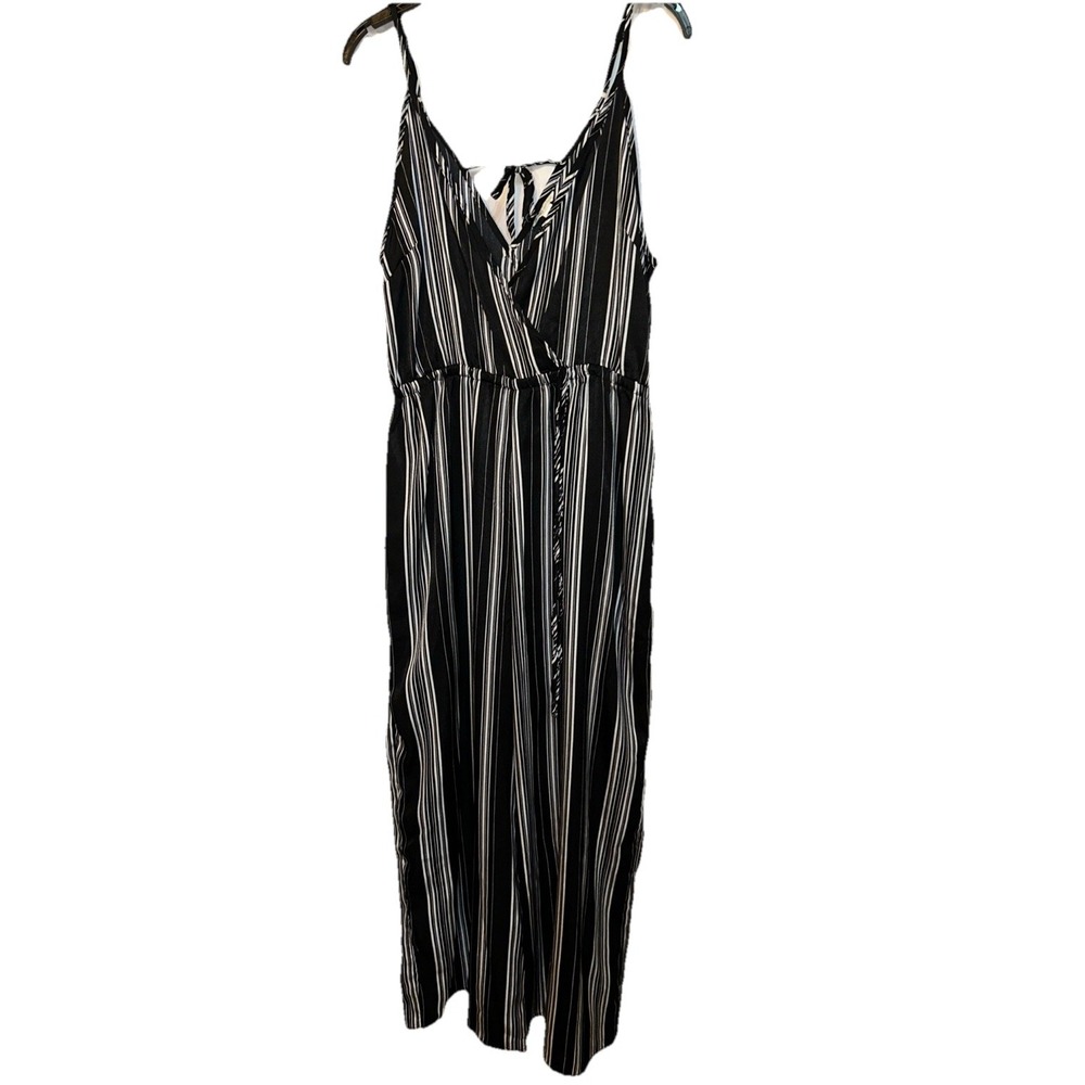 CATO EST 1946 Striped Tie Back Jumpsuit Black White Satin Wide Leg Women's Sz M